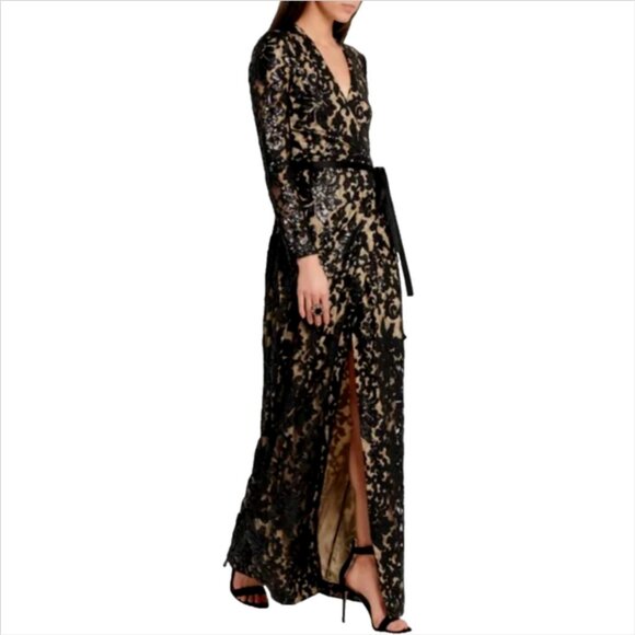 NWOT Diane von Furstenberg Elle Wrap Black Sequin Embellished Lace Gown - Picture 2 of 6